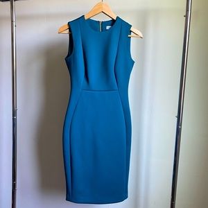 Calvin Klein teal scuba sheath dress with exposed gold zipper